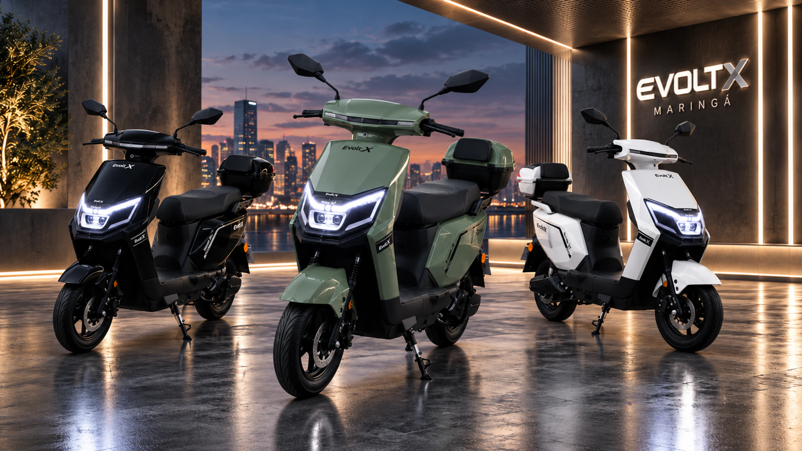 Motos elétricas Evolt X (Preta, Verde e Branca) alinhadas em frente ao showroom ao entardecer em Maringá